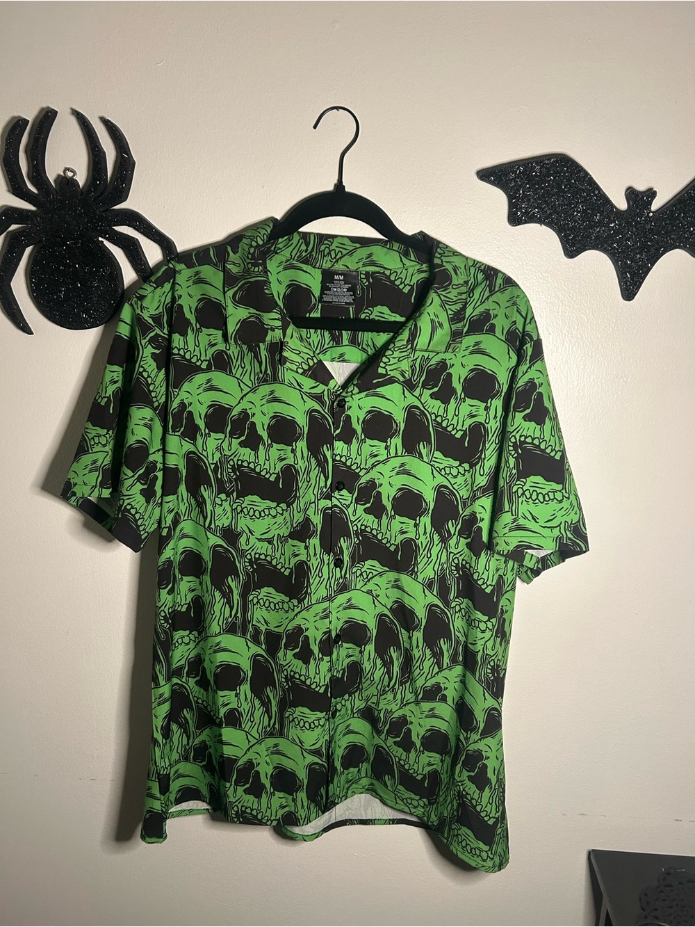Men's Short Sleeve Skull Print Shirt - Green & Black